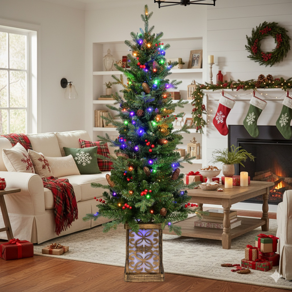 4英尺圣诞树带100个多色LED灯，预亮绿色人造植物花盆，红色浆果和松果树，PVC全枝，闪闪发光的底座照亮花盆，派对装饰FBA发货-13