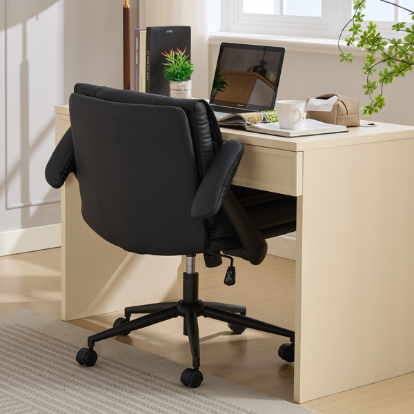 带翻转扶手皮革的交叉腿椅，带轮子的交叉腿办公椅，适合家庭办公的舒适旋转椅，梳妆台，符合人体工程学的可调节办公椅，黑色-9