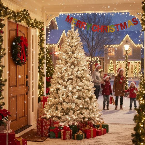 5英尺植绒圣诞树407尖端人造植物，带150个暖白色灯坚固的金属支架雪地人造树度假屋、办公室、公寓派对装饰FBA发货-2