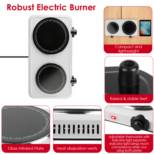 （物流随机发，自提可发加拿大）-便携式红外双炉灶——双燃烧器支持同时烹饪，302℉-1022℉无级调温，自动断电功能，易擦拭清洁，适用于宿舍/公寓/房车/露营-7