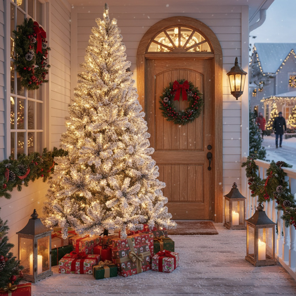 5英尺植绒圣诞树407尖端人造植物，带150个暖白色灯坚固的金属支架雪地人造树度假屋、办公室、公寓派对装饰FBA发货-10