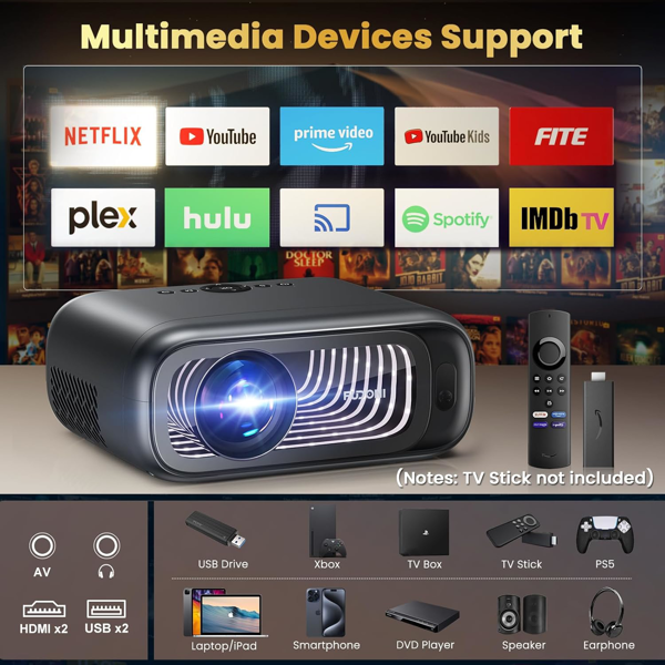 FUDONI 投影仪，WiFi 6 和双向蓝牙，原生 1080P 4K 分辨率，支持户外电影，最大 300 英寸显示屏，适用于 iOS/安卓/电视棒/HDMI/USB/笔记本电脑（亚马逊禁售）-7