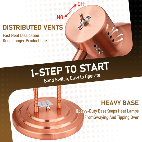 美规 HT-221 110V 500W 食物保温台 玫瑰金色 不锈钢 立式 电动 双头食品加热灯-3