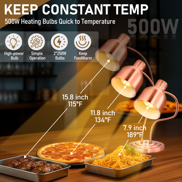美规 HT-221 110V 500W 食物保温台 玫瑰金色 不锈钢 立式 电动 双头食品加热灯-8