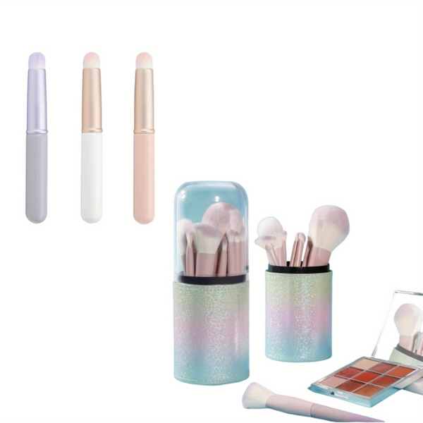 3PCS白色，紫色和粉红色圆头唇刷-口红和唇彩混合刷与帽+ 10PCS星尘紫色化妆刷套装-粉红色粉末，眼影，唇刷和超软美容工具与存储桶，亚马逊物流发货-2