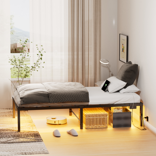 黑色 twin 带插座 灯带 简易平板 铁床 PB0L14BT 美国-10