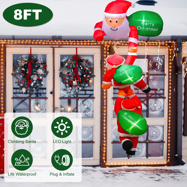 （物流随机发，自提可发加拿大）-8英尺巨型充气圣诞老人附6盏LED灯 - 3款圣诞老人造型 + 3块“圣诞快乐”标牌，快速插电充气，防水材质，配4个吸盘及6根绳索，适用于室内外圣诞装饰-5