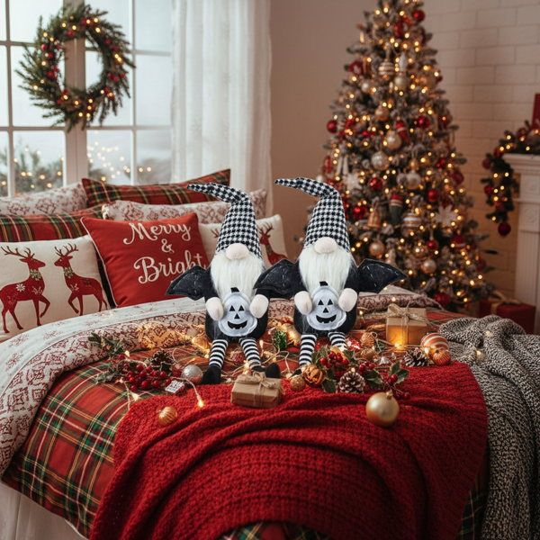 2件套圣诞节侏儒装饰品 4.3x3.5x23.5英寸织物带翼侏儒配黑白格子帽，完美打造幽灵氛围装饰FBA发货-4