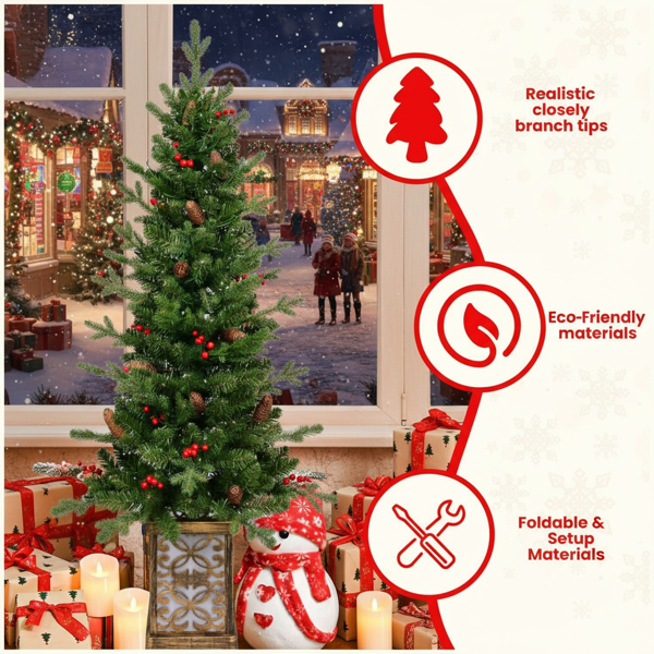 4英尺圣诞树带100个多色LED灯，预亮绿色人造植物花盆，红色浆果和松果树，PVC全枝，闪闪发光的底座照亮花盆，派对装饰FBA发货-7