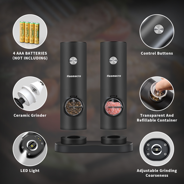 电动盐与胡椒磨器套装，可调节粗细，电池供电，厨房调味工具，适用于厨房，送礼-5