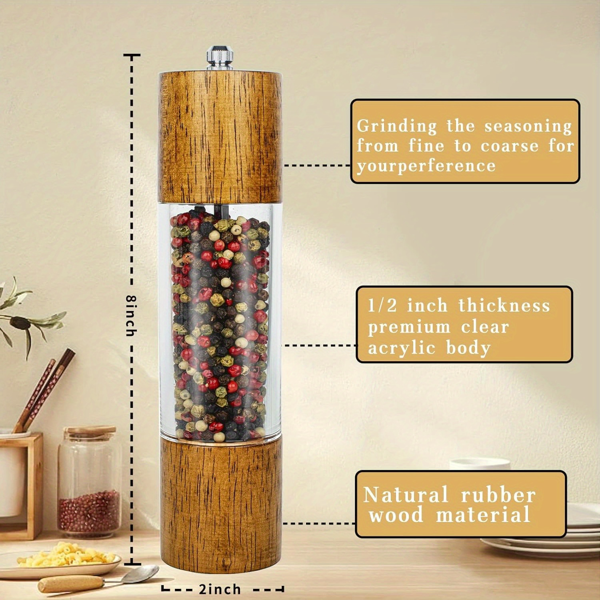 1套木质胡椒研磨器，8英寸盐磨胡椒磨，可调陶瓷转子盐胡椒摇瓶——1套橡木材质升级版亚克力厨房胡椒研磨器-6