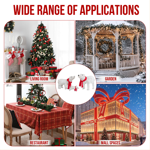 3pcs 27.5in 白色 北极熊一家 绕线撒粉 190L暖白皮线灯 圣诞灯饰动物元素 31V 3.6W 英规-4