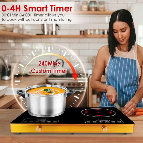 （物流随机发，自提可发加拿大）-7000W双头电炉灶 110V，配备2个3500W快速加热炉盘，4种预设模式（蒸/煎/烤/强火），11档功率调节，便携式把手及易清洁玻璃面板，适用于所有平底锅具，适合宿舍/房车/公寓/露营使用。-4