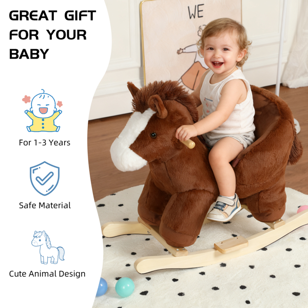 儿童摇马玩具，带摇篮曲歌曲，1-3岁儿童手抱木偶和安全带，柔软毛绒面料，棕色-7