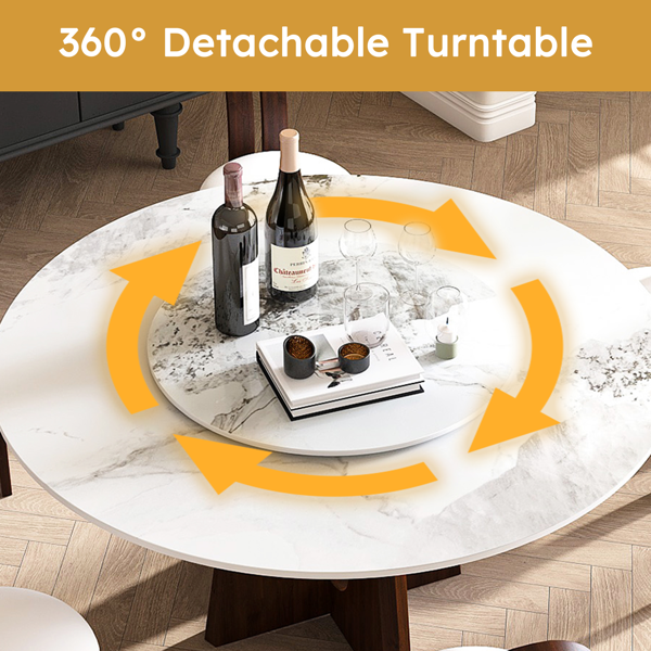 现代大理石餐桌，59 英寸烧结石圆形餐桌，实木胡桃木底座，坚固的十字设计，适合 6-8 人使用 - 胡桃木（仅桌子）-7