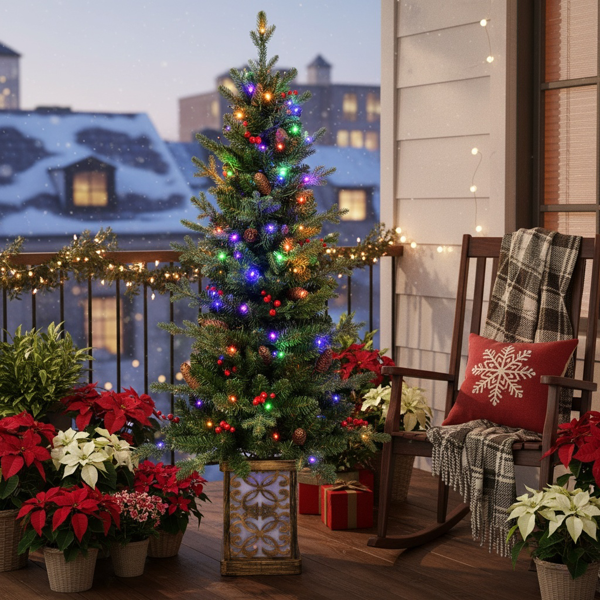 4英尺圣诞树带100个多色LED灯，预亮绿色人造植物花盆，红色浆果和松果树，PVC全枝，闪闪发光的底座照亮花盆，派对装饰FBA发货-3