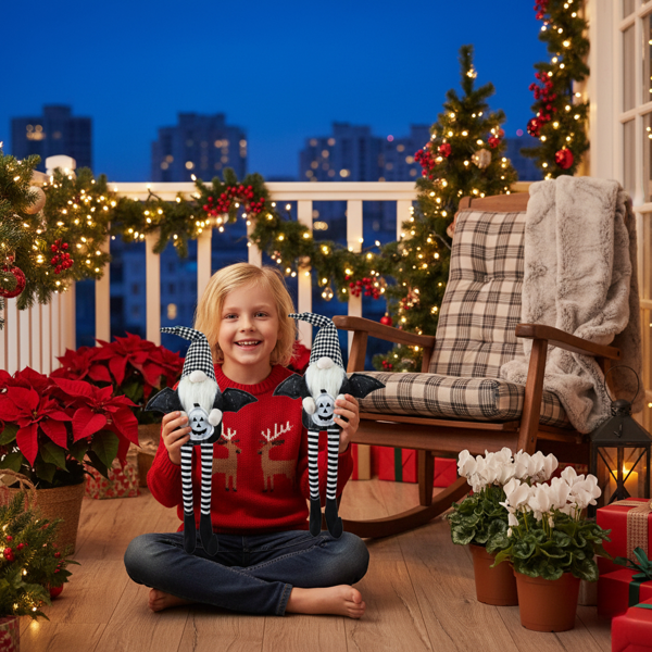 2件套圣诞节侏儒装饰品 4.3x3.5x23.5英寸织物带翼侏儒配黑白格子帽，完美打造幽灵氛围装饰FBA发货-3