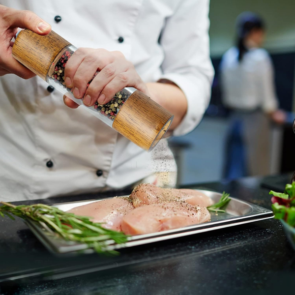 1套木质胡椒研磨器，8英寸盐磨胡椒磨，可调陶瓷转子盐胡椒摇瓶——1套橡木材质升级版亚克力厨房胡椒研磨器-5