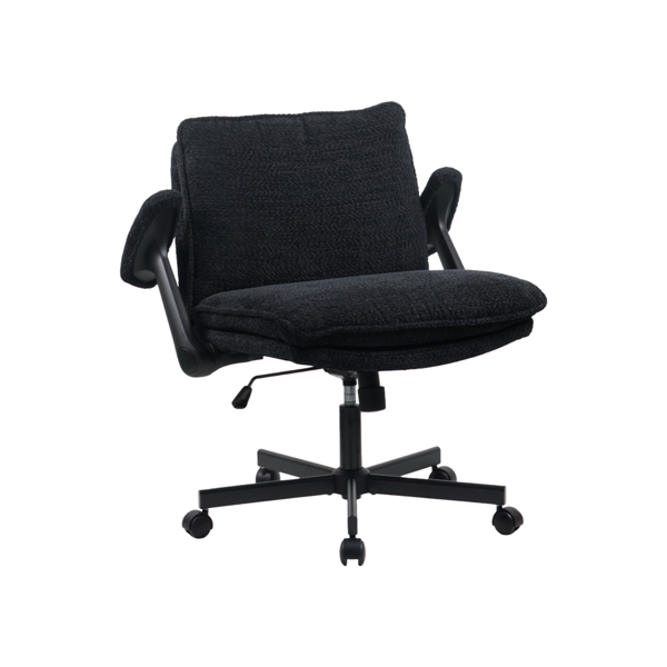 交叉腿友好办公椅，带十字框架、滚动脚轮和折叠臂，适合家庭办公室和梳妆区的软垫宽座办公椅，黑色-7