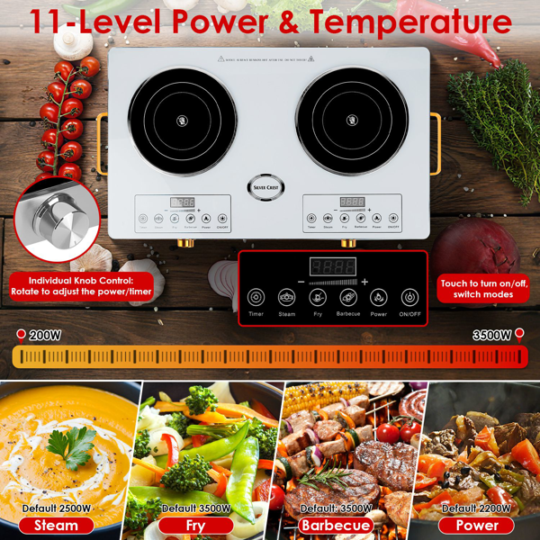 （物流随机发，自提可发加拿大）-7000W双头电炉灶 110V，配备2个3500W快速加热炉盘，4种预设模式（蒸/煎/烤/强火），11档功率调节，便携式把手及易清洁玻璃面板，适用于所有平底锅具，适合宿舍/房车/公寓/露营使用。-7
