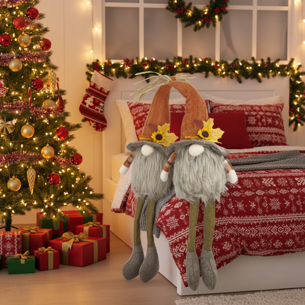 2件套圣诞节侏儒装饰5.5x3.5x20.5“织物坐式侏儒，带橙色帽子和枫叶，非常适合秋季收获和感恩节装饰FBA发货-4