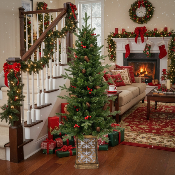 4英尺圣诞树带100个多色LED灯，预亮绿色人造植物花盆，红色浆果和松果树，PVC全枝，闪闪发光的底座照亮花盆，派对装饰FBA发货-8