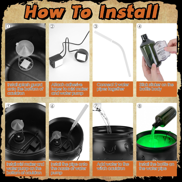 （自提可发加拿大，temu&tk下自提单）万圣节漂浮药水瓶装饰搭配女巫坩埚——二合一USB供电绿色雾气发生器&4颗LED灯，IPX8防水等级，含防溅罩，完美适配万圣派对、鬼屋及各类惊悚主题场合-6