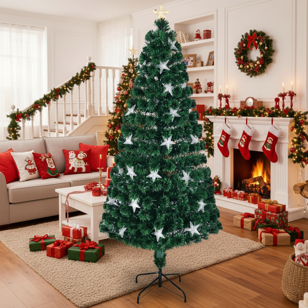 6英尺圣诞树配大星星预发光光纤人造植物树变色灯配金属支架全树家居节日派对装饰FBA发货-16