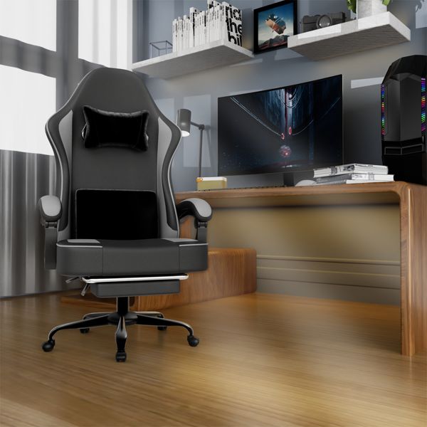 带袋装弹簧坐垫和脚凳的游戏椅，成人人体工学电脑椅，透气PU皮游戏椅，可调节头枕和腰部支撑办公桌椅-6