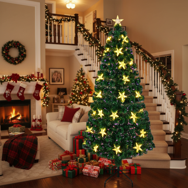 6英尺圣诞树配大星星预发光光纤人造植物树变色灯配金属支架全树家居节日派对装饰FBA发货-2