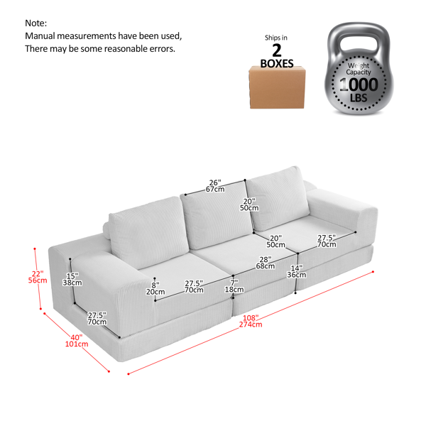 108'' Modular Sectional 3-Seater Cloud Sofa,Corduroy Convertible Sofa Bed ,living room.-4