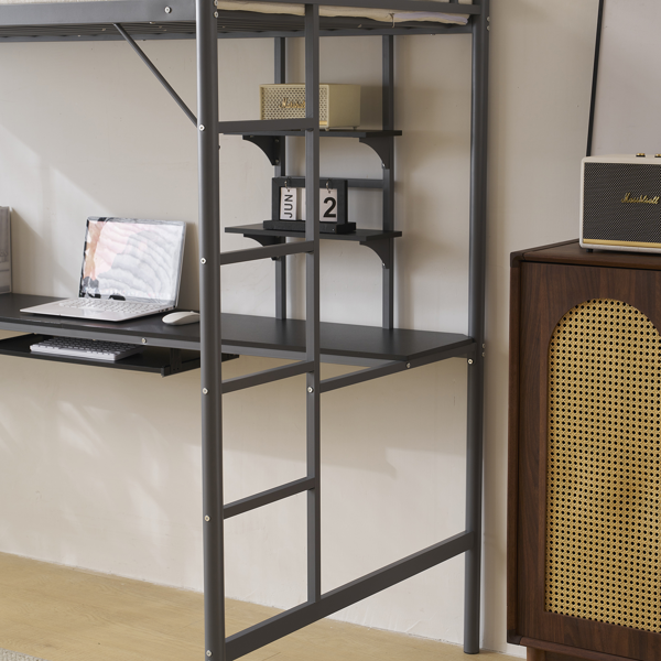 【同款编码：27723326】灰色 198*143*182cm Twin 高架床 带桌子 层架 铁床 美国-18