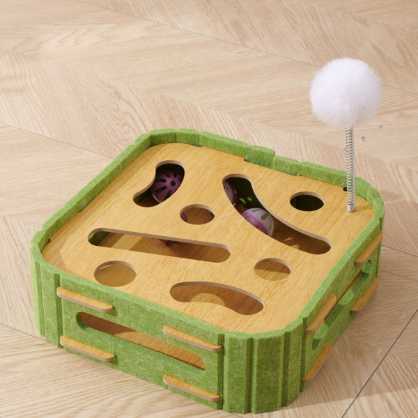 环保猫抓板玩具，带互动球，可保护小猫家具，多功能猫咪游戏板，方形设计，绿黄相间毛毡剑麻材质，尺寸小巧，30厘米x30厘米x30厘米，非常适合室内猫咪-1