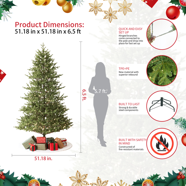 Balsam Fir 6.5英尺圣诞树 带预装灯的人造圣诞树，拥有3,025根树枝尖和991盏低压暖色LED灯，可折叠底座，树枝逼真防火-10