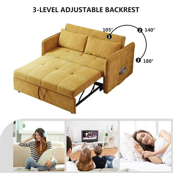 53.5英寸现代雪尼尔织物可拉出沙发床，可调节扶手的卧铺沙发沙发-黄色-8