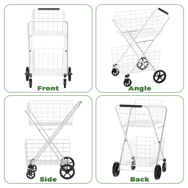 不支持自取。超大购物车，双层带轮杂货车，可折叠多功能购物车，带双篮和 360° 滚动旋转轮，适用于杂货洗衣，白色且不支持指定仓库发货-2