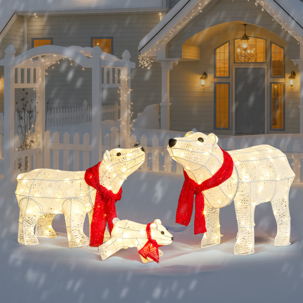 3pcs 27.5in 白色 北极熊一家 绕线撒粉 190L暖白皮线灯 圣诞灯饰动物元素 31V 3.6W 英规-10