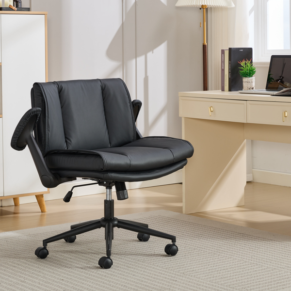 带翻转扶手皮革的交叉腿椅，带轮子的交叉腿办公椅，适合家庭办公的舒适旋转椅，梳妆台，符合人体工程学的可调节办公椅，黑色-5