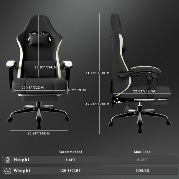 人体工学游戏椅，配备袋装弹簧坐垫，透气面料电脑椅带脚凳，可调节腰部支撑成人游戏椅-2