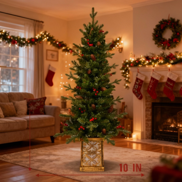 4英尺圣诞树带100个多色LED灯，预亮绿色人造植物花盆，红色浆果和松果树，PVC全枝，闪闪发光的底座照亮花盆，派对装饰FBA发货-18