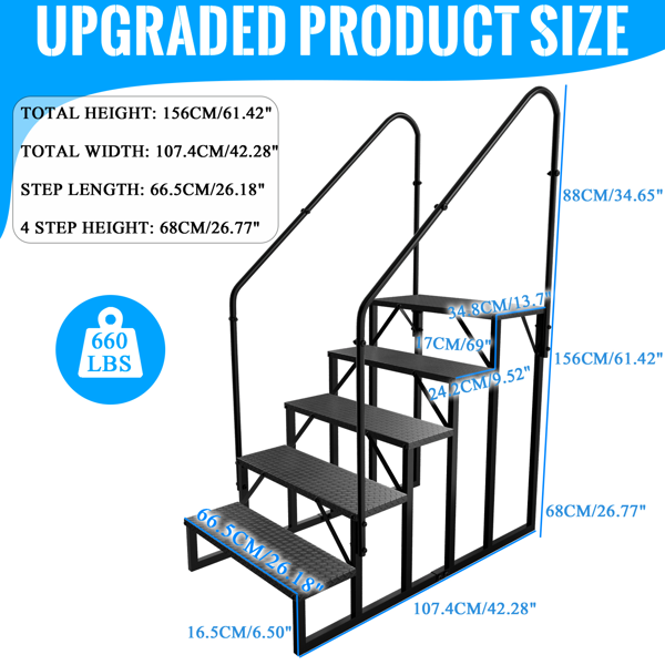 房车阶梯5级梯，房车防滑踏板，带扶手的按摩浴缸阶梯，660磅承重房车梯适用于第五轮房车，移动房屋阶梯-4