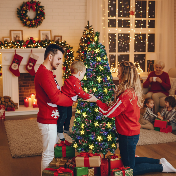 6英尺圣诞树配大星星预发光光纤人造植物树变色灯配金属支架全树家居节日派对装饰FBA发货-9