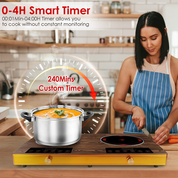 （物流随机发，自提可发加拿大）-7000W双头电炉灶 110V，配备2个3500W快速加热炉盘，4种预设模式（蒸/煎/烤/强火），11档功率调节，便携式把手及易清洁玻璃面板，适用于所有平底锅具，适合宿舍/房车/公寓/露营使用。-9