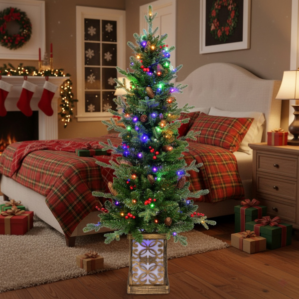 4英尺圣诞树带100个多色LED灯，预亮绿色人造植物花盆，红色浆果和松果树，PVC全枝，闪闪发光的底座照亮花盆，派对装饰FBA发货-4