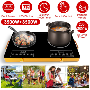 （物流随机发，自提可发加拿大）-7000W双头电炉灶 110V，配备2个3500W快速加热炉盘，4种预设模式（蒸/煎/烤/强火），11档功率调节，便携式把手及易清洁玻璃面板，适用于所有平底锅具，适合宿舍/房车/公寓/露营使用。