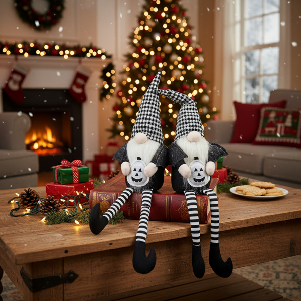 2件套圣诞节侏儒装饰品 4.3x3.5x23.5英寸织物带翼侏儒配黑白格子帽，完美打造幽灵氛围装饰FBA发货-2