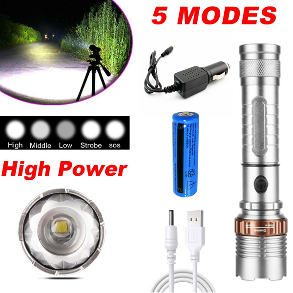 USB可充电LED手电筒5种照明模式可变焦徒步露营户外手电筒+电池+USB充电线+车充套装-4