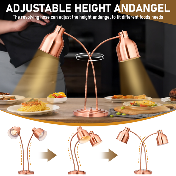 美规 HT-221 110V 500W 食物保温台 玫瑰金色 不锈钢 立式 电动 双头食品加热灯-5