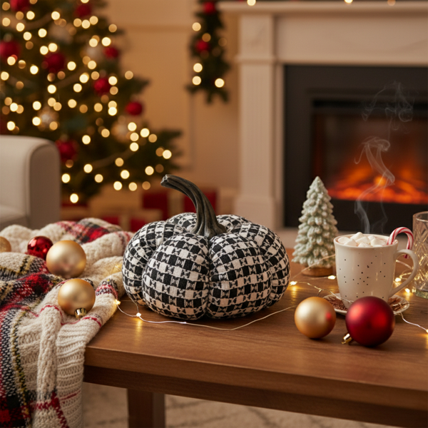 2件套圣诞节南瓜装饰7x7x6.7“面料黑白格子南瓜，非常适合恐怖节日展示FBA发货-7