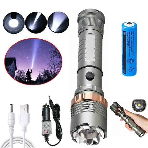 USB可充电LED手电筒5种照明模式可变焦徒步露营户外手电筒+电池+USB充电线+车充套装-5